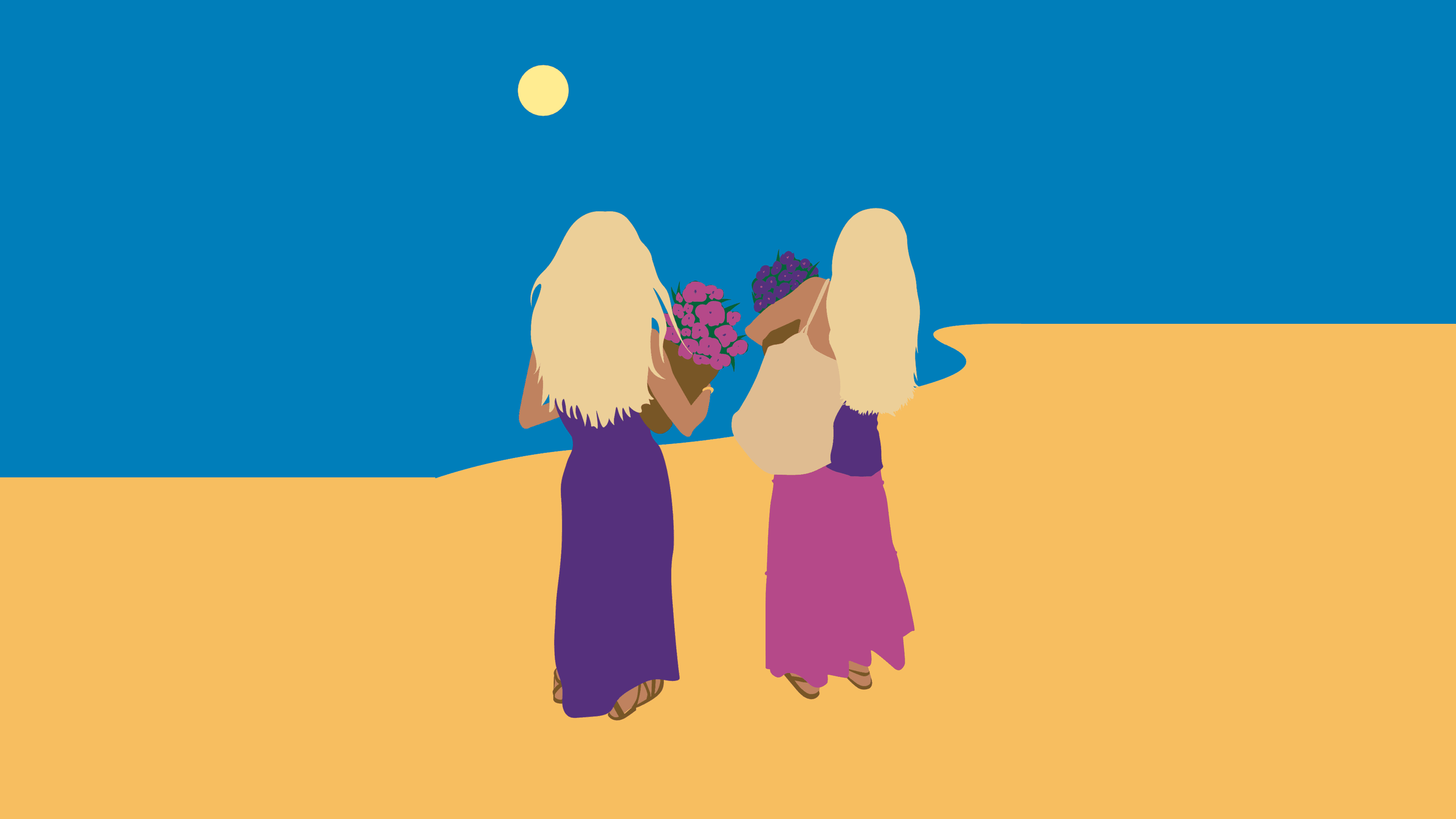 Illustration : Cathy et Carole, vues de dos sous un ciel cobalt méditerranéen, marchant dans des dunes dorées.